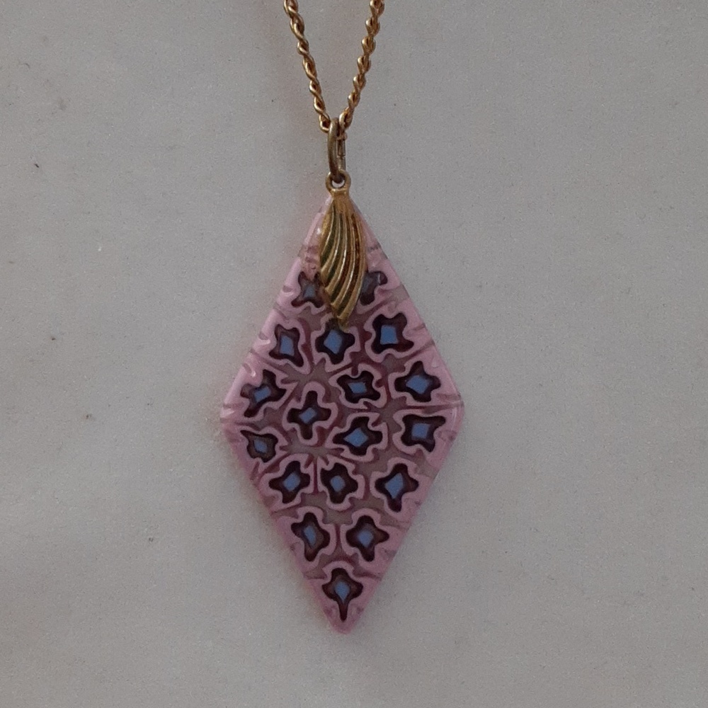 Pink Millefiori Diamond-Shaped Pendant Necklace on Gold Chain